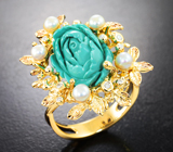 Авторское золотое кольцо с резной калифорнийской бирюзой 7,94 карата, жемчугом 1,12 карата и бриллиантами Золото