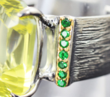 Серебряное кольцо с лимонным цитрином лазерной огранки 13,63 карата и цаворитом
