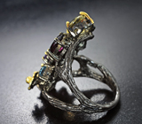 Эффектное серебряное кольцо с цитринами, родолитами, голубыми топазами и аметистами Серебро 925