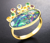 Золотое кольцо с ограненным черным опалом 1,78 карата, разноцветными сапфирами и цаворитами Золото