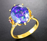 Золотое кольцо с ограненным насыщенно-синим опалом 3,8 карата, сапфирами и бриллиантами Золото