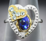 Серебряное кольцо с кристаллическим черным опалом и голубыми топазами Серебро 925