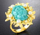 Авторское золотое кольцо с резной армянской бирюзой 9 карат, жемчугом и бриллиантами Золото