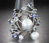 Оригинальное серебряное кольцо с жемчугом, танзанитами и кварцем