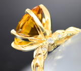 Золотое кольцо с ярким медовым гелиодором авторской огранки 3,22 карата и бриллиантами Золото