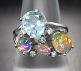 Превосходное серебряное кольцо с кристаллическими эфиопскими опалами и голубым топазом