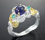 Серебряное кольцо с синим сапфиром 1,88 карата и «неоновыми» апатитами Серебро 925