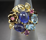 Серебряное кольцо с синими сапфирами, голубыми топазами, гранатами и розовыми турмалинами Серебро 925