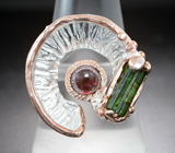 Серебряное кольцо с родолитом и зеленым турмалином Серебро 925