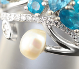 Изысканное серебряное кольцо с «неоновыми» апатитами, голубым топазом и жемчугом