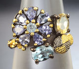 Серебряное кольцо с танзанитами, голубыми топазами и цитрином Серебро 925
