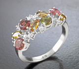Эффектное серебряное кольцо с разноцветными турмалинами Серебро 925