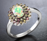 Серебряное кольцо с ограненным эфиопским опалом и разноцветными сапфирами бриллиантовой огранки Серебро 925