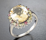 Замечательное серебряное кольцо с цитрином и разноцветными сапфирами