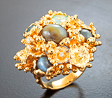 Массивное золотое кольцо с топовыми хризобериллами с эффектом кошачьего глаза 4,05 карата, александритом высокой чистоты 0,73 карата и бриллиантами Золото