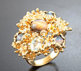 Массивное золотое кольцо с топовыми хризобериллами с эффектом кошачьего глаза 4,05 карата, александритом высокой чистоты 0,73 карата и бриллиантами Золото