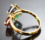 Золотое кольцо с изумрудом, сапфиром и рубином Золото