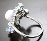 Великолепное серебряное кольцо с жемчугом, апатитами и танзанитами Серебро 925