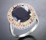 Роскошное серебряное кольцо с крупными синими сапфирами и разноцветными сапфирами Серебро 925