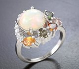 Серебряное кольцо с крупным кристаллическим эфиопским опалом и разноцветными турмалинами
