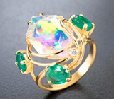 Золотое кольцо с топовым эфиопским опалом авторской огранки 3,3 карата, уральскими изумрудами и бриллиантами Золото