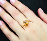 Золотое кольцо с редким золотисто-желтым апатитом топовой огранки 4,76 карата, сапфирами и бриллиантами Золото
