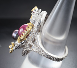 Серебряное кольцо с цветной жемчужиной, корундом и сапфирами Серебро 925