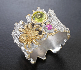 Серебряное кольцо с перидотом и рубином Серебро 925
