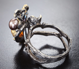 Серебряное кольцо с кристаллическим эфиопским опалом, цветной жемчужиной, турмалином и сапфиром Серебро 925