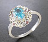 Чудесное серебряное кольцо с апатитом и разноцветными сапфирами
