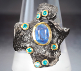 Серебряное кольцо с кианитом и «неоновыми» апатитами Серебро 925
