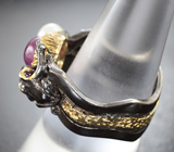 Серебряное кольцо с сапфиром, жемчужиной, диопсидами и родолитами Серебро 925