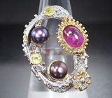 Серебряное кольцо с сапфиром, цветным жемчугом и перидотами Серебро 925