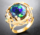 Золотое кольцо с крупным невероятно-ярким ограненным черным опалом 7,37 карата, желтыми сапфирами, цаворитом и бриллиантами