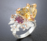 Серебряное кольцо с резным цитрином, родолитом, голубыми топазами и розовым турмалином Серебро 925