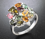 Праздничное серебряное кольцо с разноцветными турмалинами и апатитами