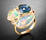 Золотое кольцо с разноцветными опалами авторской огранки 3,9 карата, сапфирами и цаворитом