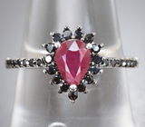 Чудесное серебряное кольцо с рубином и черными шпинелями