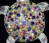 Брошь "Черепаха" с разноцветными сапфирами и рубинами Серебро 925