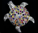 Брошь "Черепаха" с разноцветными сапфирами и рубинами Серебро 925