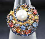 Серебряное кольцо с жемчужиной, разноцветными сапфирами и танзанитами Серебро 925