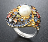 Серебряное кольцо с жемчужиной, разноцветными сапфирами и танзанитами Серебро 925