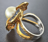 Серебряное кольцо с крупной жемчужиной и синими сапфирами Серебро 925