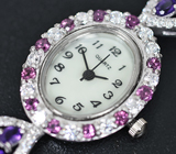 Часы с родолитами на серебряном браслете с аметистами Серебро 925