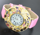 Часы с разноцветными турмалинами и иолитами на кожаном браслете Серебро 925