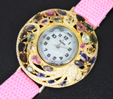 Часы с разноцветными турмалинами и иолитами на кожаном браслете Серебро 925