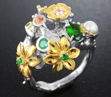 Серебряное кольцо с жемчужиной, диопсидами, изумрудом и разноцветными сапфирами Серебро 925