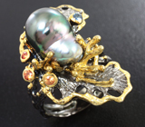 Серебряное кольцо с цветной жемчужиной барокко и разноцветными сапфирами Серебро 925