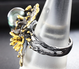 Серебряное кольцо с цветной жемчужиной барокко и разноцветными сапфирами Серебро 925