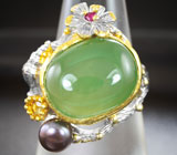 Серебряное кольцо с пренитом, цветной жемчужиной и сапфиром Серебро 925